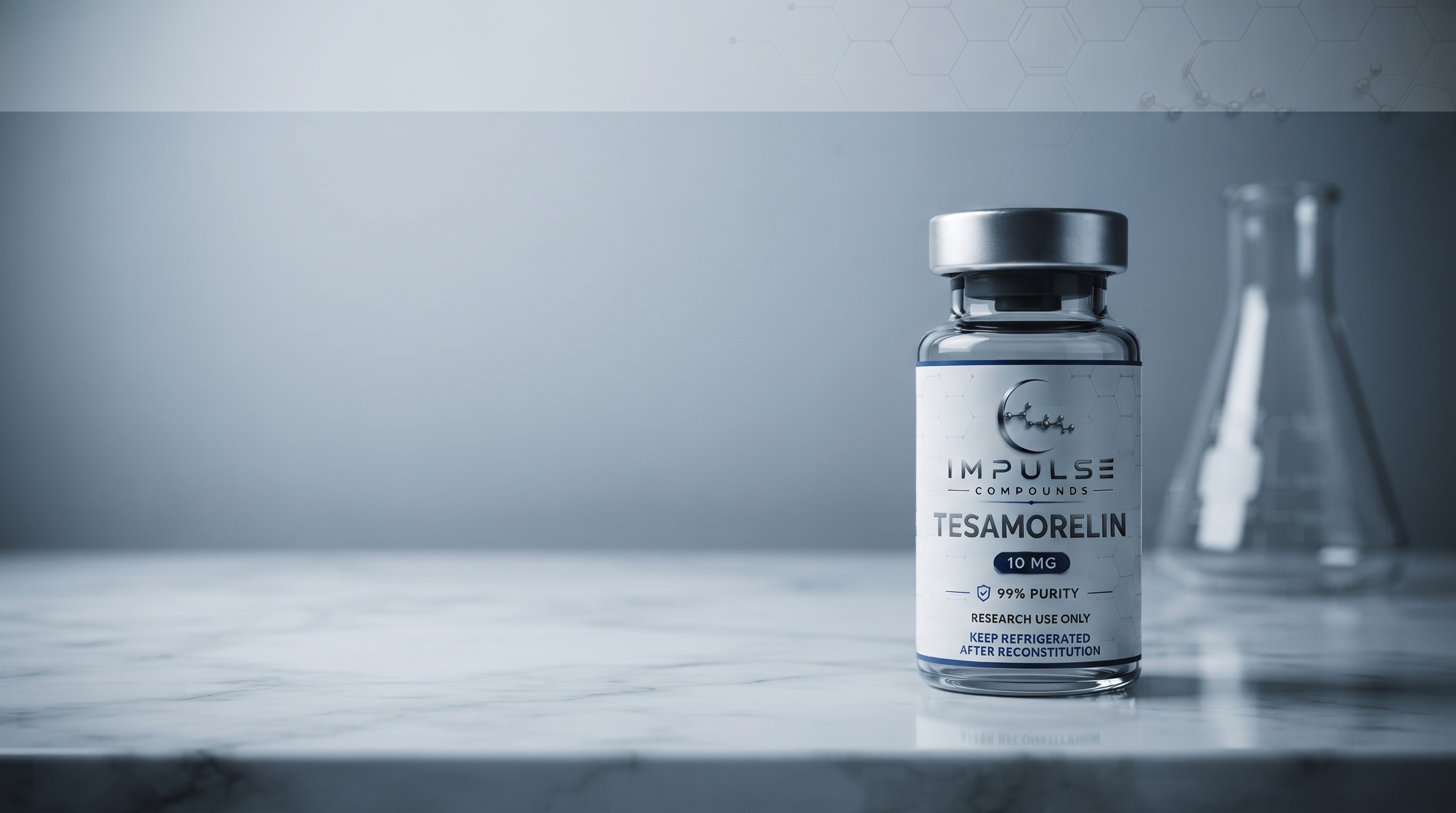 Impulse Compounds reference vial on a marble laboratory surface